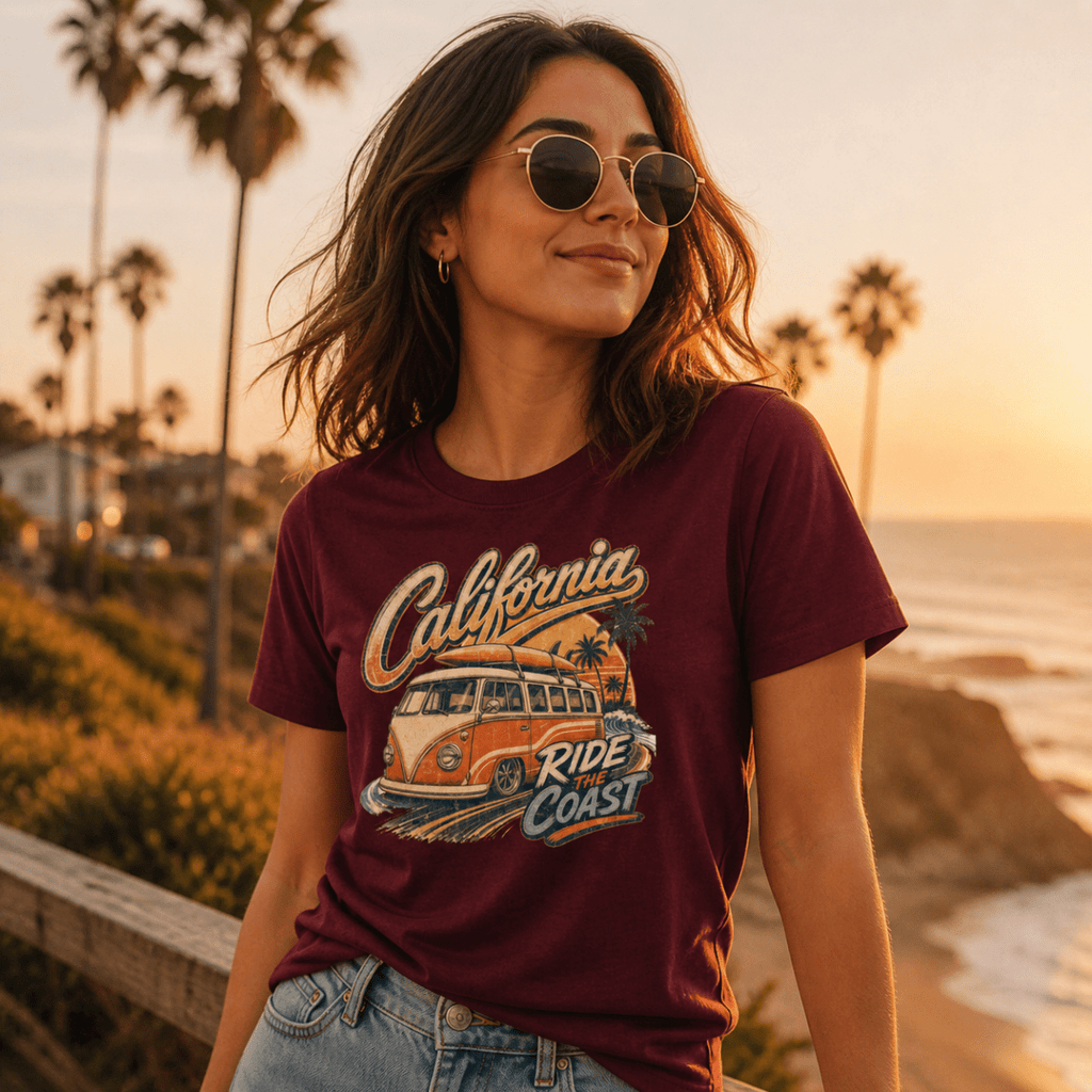 Woman wearing a 'California Ride the Coast' t-shirt with palm trees and sunset in the background.