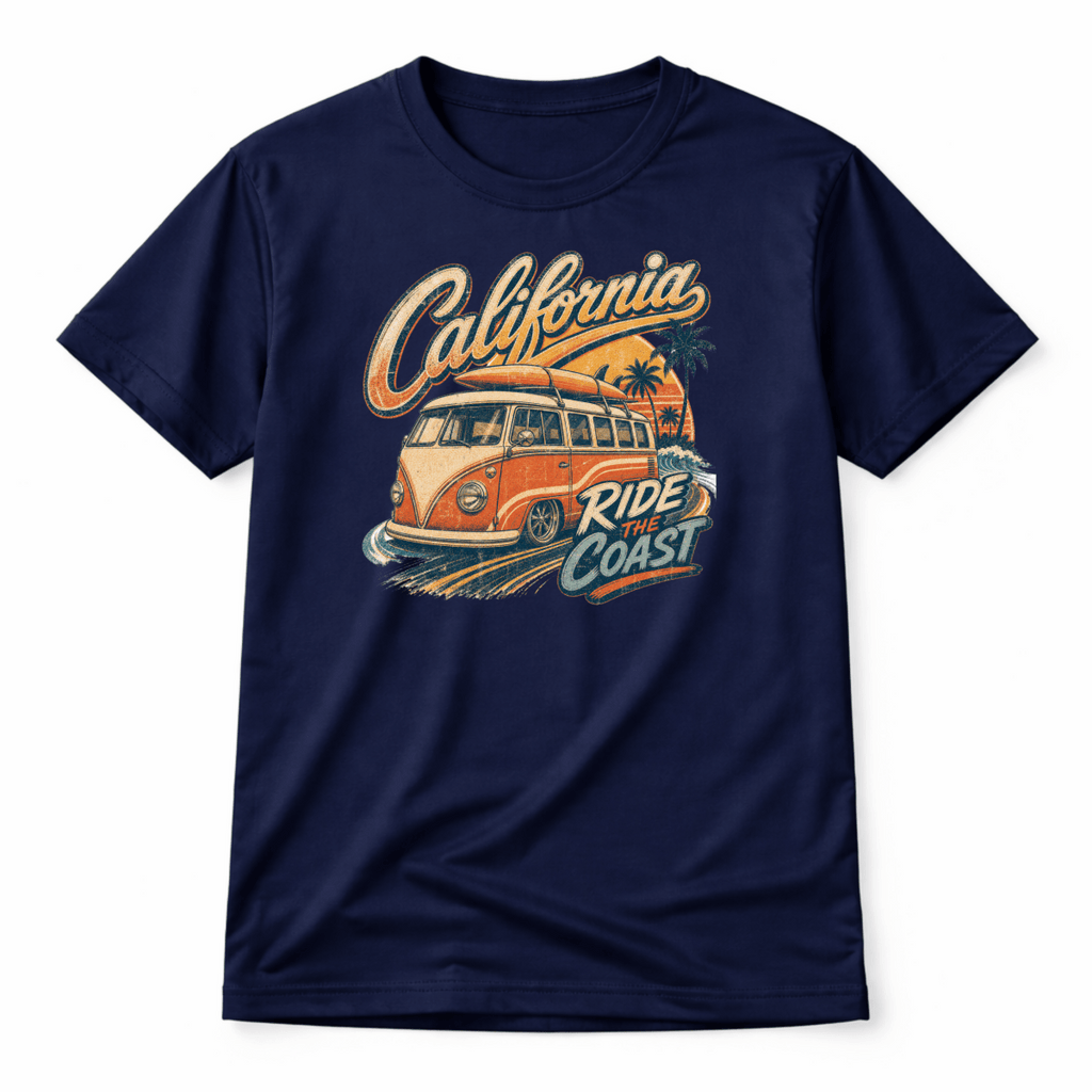 Navy blue t-shirt with a graphic of a van and 'California Ride the Coast' text on a white background