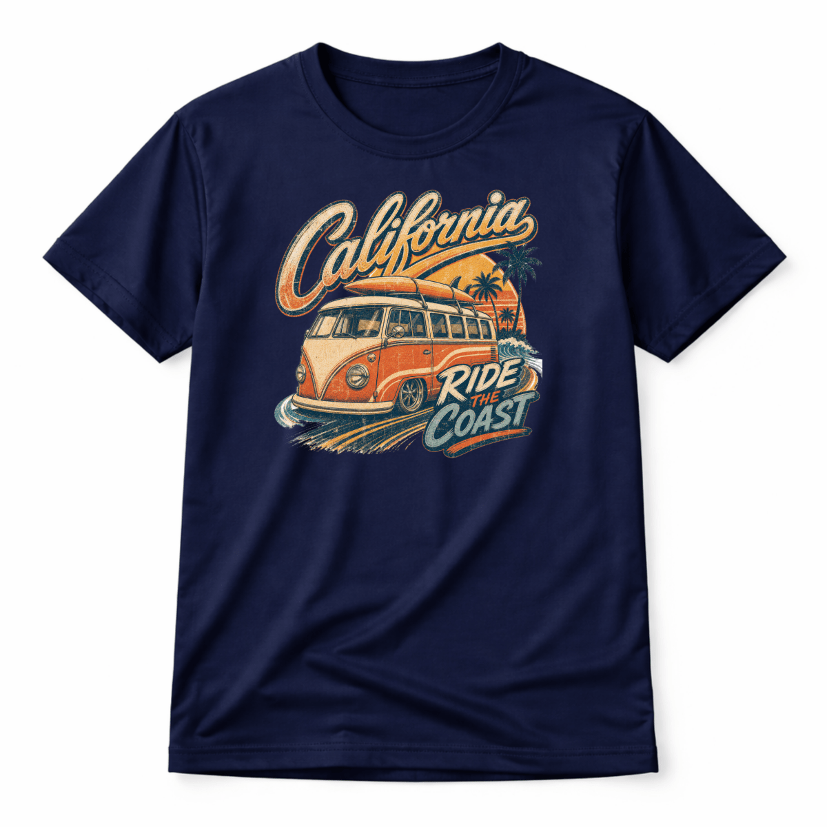 Navy blue t-shirt with a graphic of a van and 'California Ride the Coast' text on a white background
