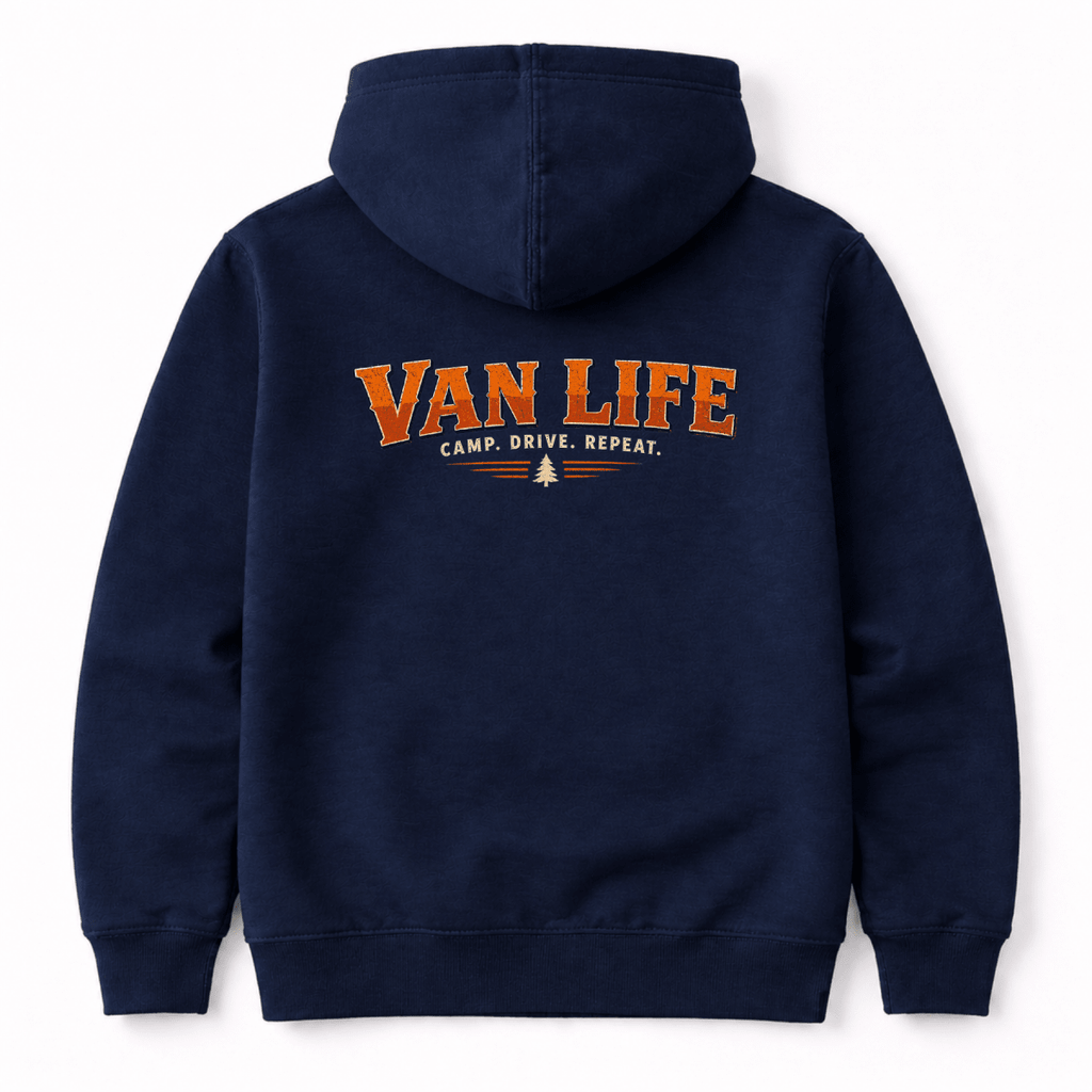 Camberline navy van life hoodie, back view with distressed amber collegiate Van Life Camp Drive Repeat graphic and pine tree detail