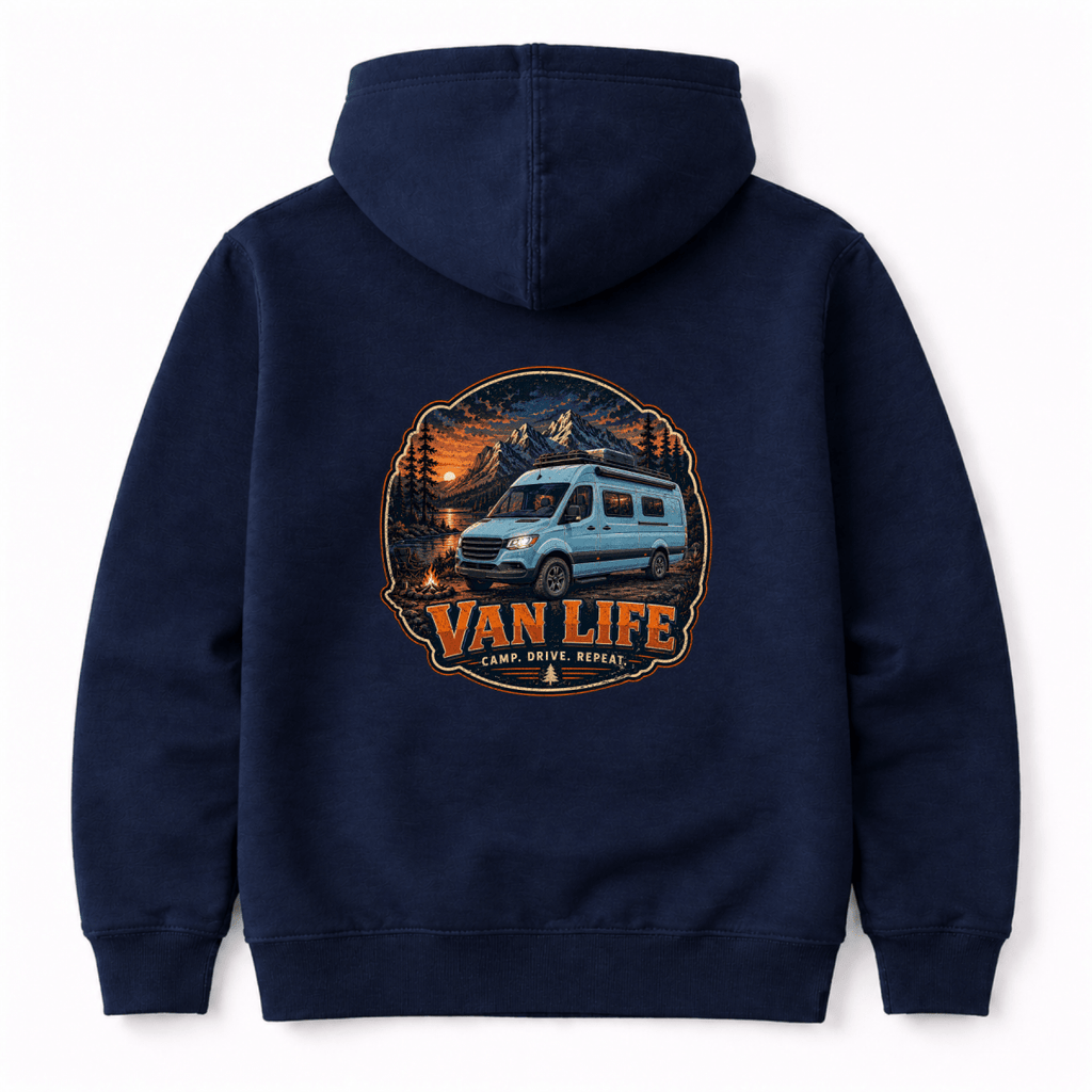 Navy blue hoodie with 'Van Life' graphic on the back against a white background