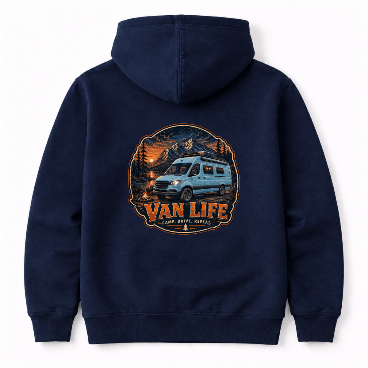 Navy blue hoodie with 'Van Life' graphic on the back against a white background