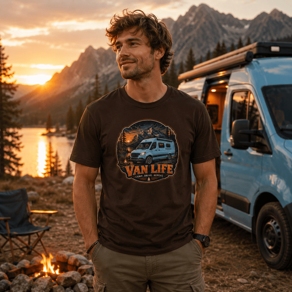 Man wearing a 'Van Life' t-shirt standing in front of a van and scenic mountains at sunset.