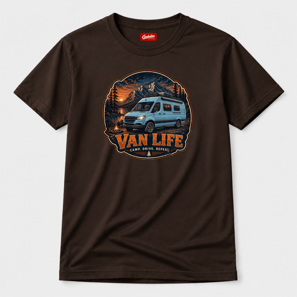 Brown t-shirt with 'Van Life' graphic design featuring a van and mountains on a white background.