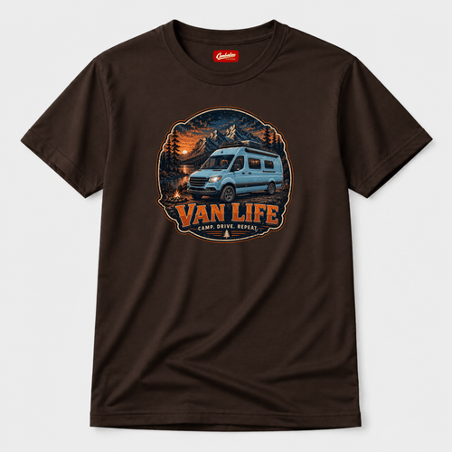 Brown t-shirt with 'Van Life' graphic design featuring a van and mountains on a white background.