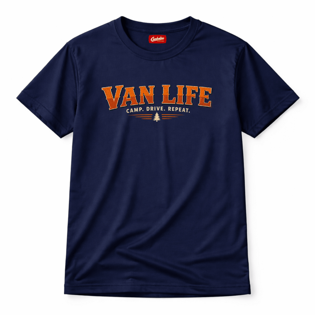 Camberline navy van life t-shirt, front view with distressed amber collegiate Van Life Camp Drive Repeat graphic and pine tree detail