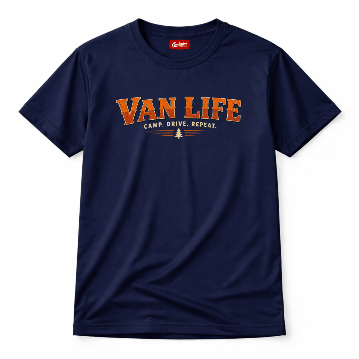 Camberline navy van life t-shirt, front view with distressed amber collegiate Van Life Camp Drive Repeat graphic and pine tree detail