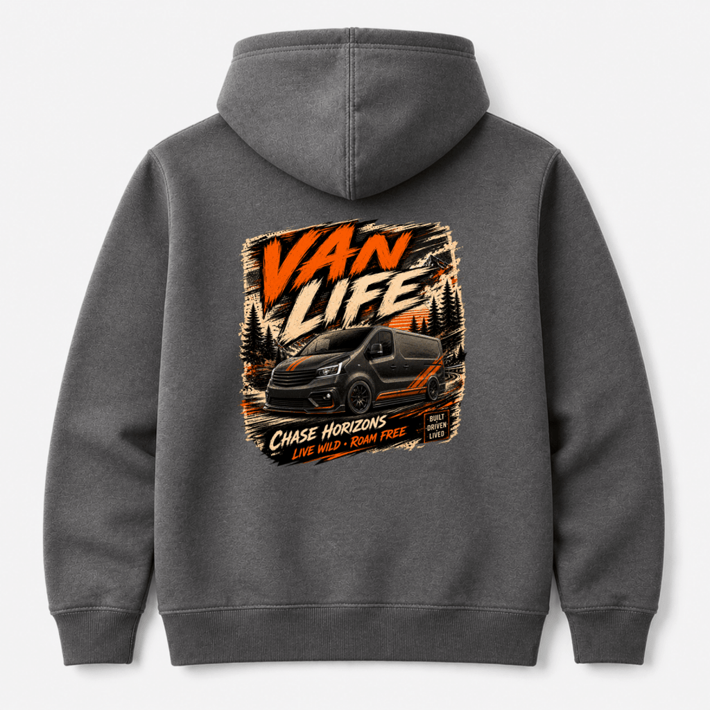 Camberline Van Life Chase Horizons black and orange van and mountain graphic, dark heather hoodie, back view