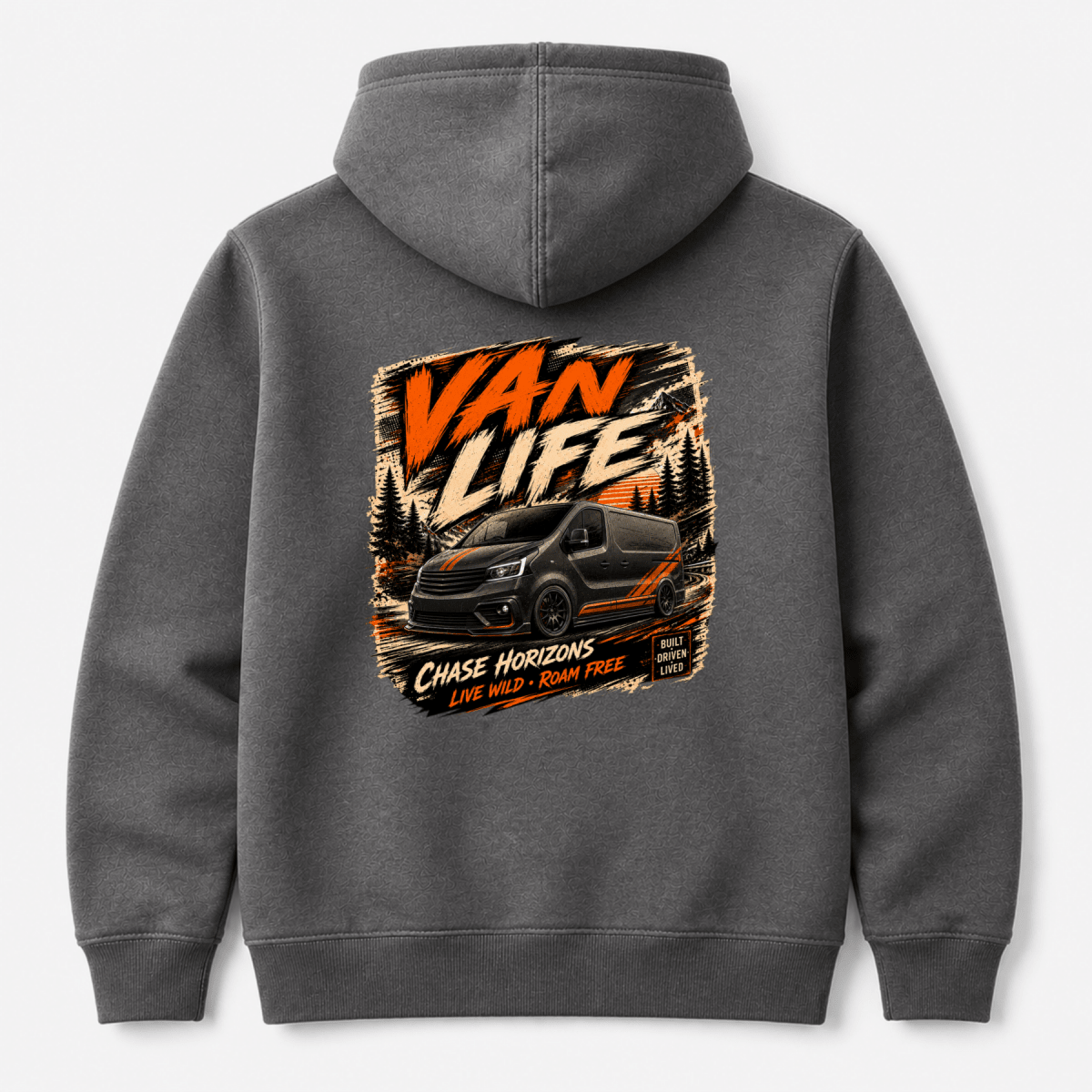 Camberline Van Life Chase Horizons black and orange van and mountain graphic, dark heather hoodie, back view