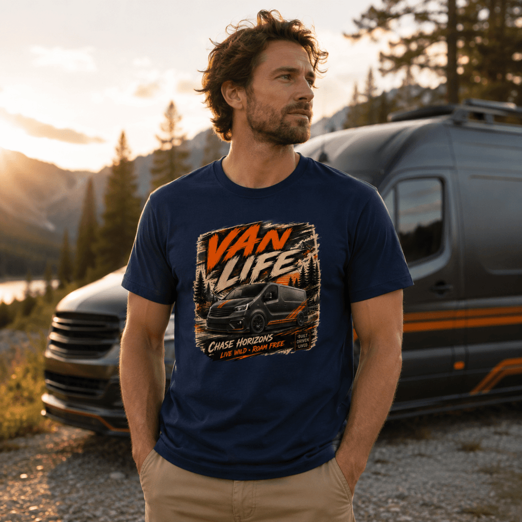 Model wearing Camberline navy van life t-shirt showing Van Life Chase Horizons black and orange van and mountain pine graphic on chest