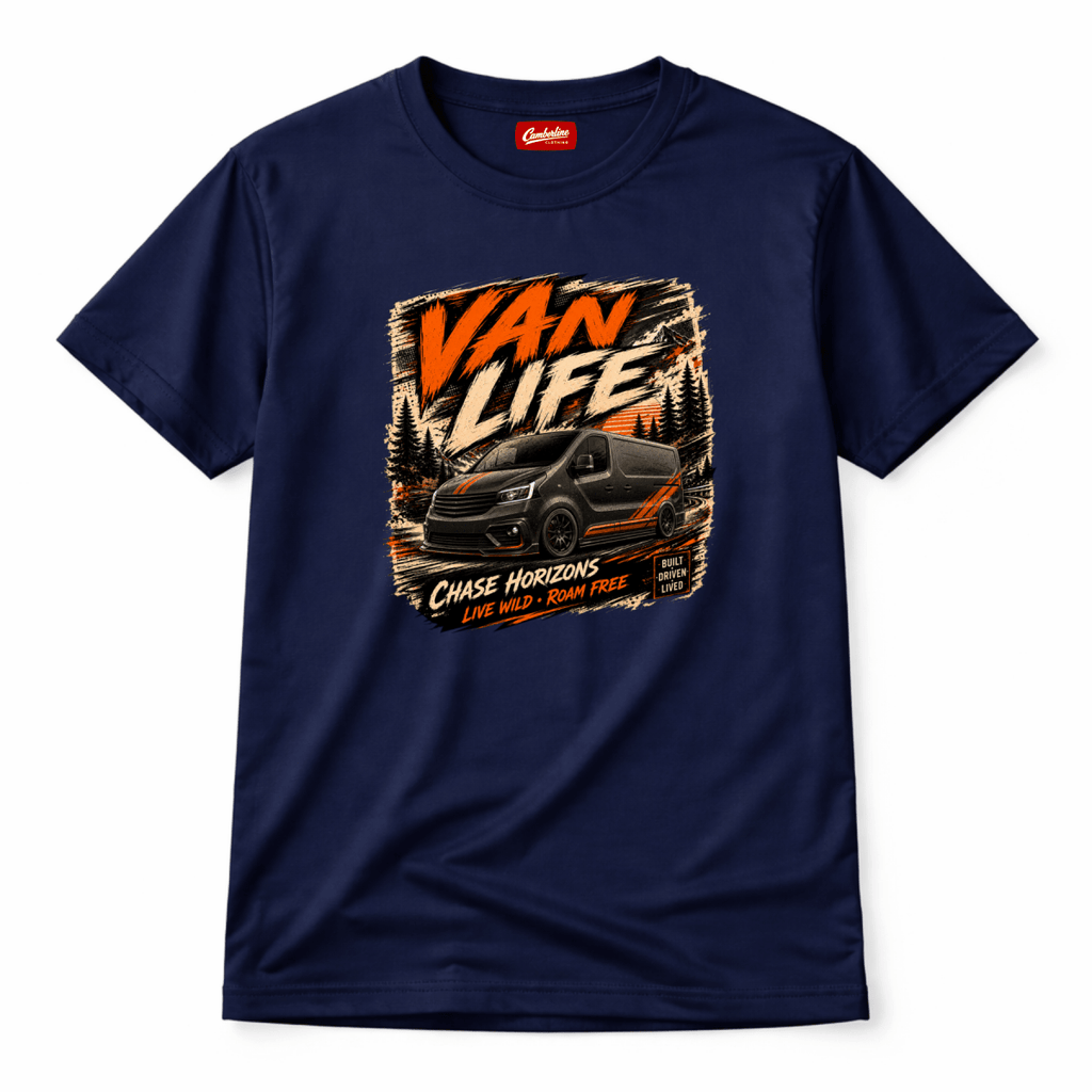 Camberline Van Life Chase Horizons black and orange van and mountain pine graphic, navy t-shirt, front view