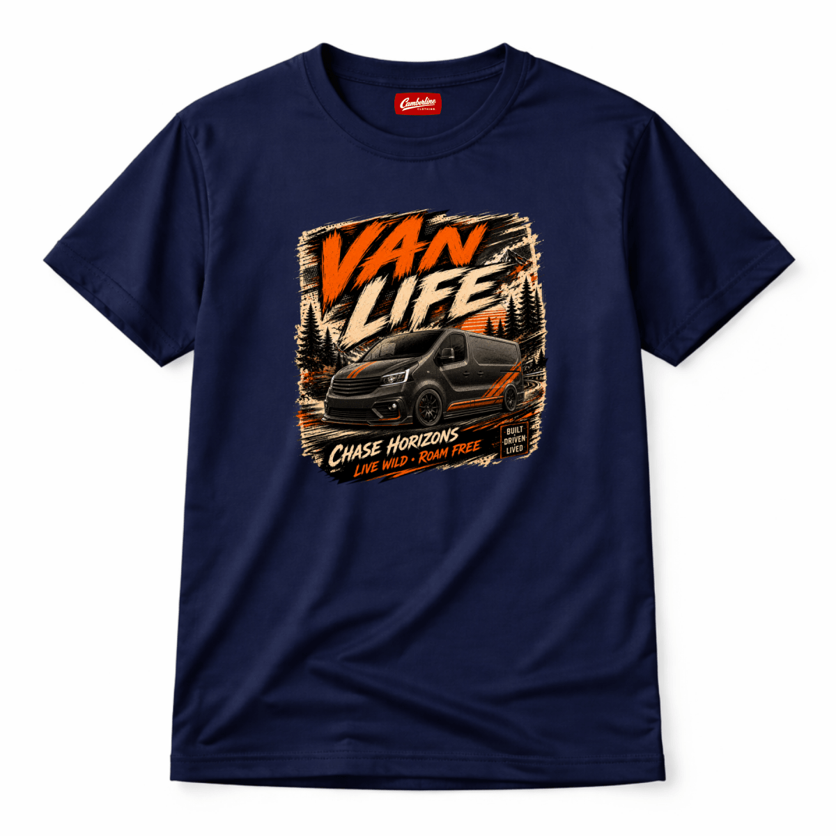 Camberline Van Life Chase Horizons black and orange van and mountain pine graphic, navy t-shirt, front view