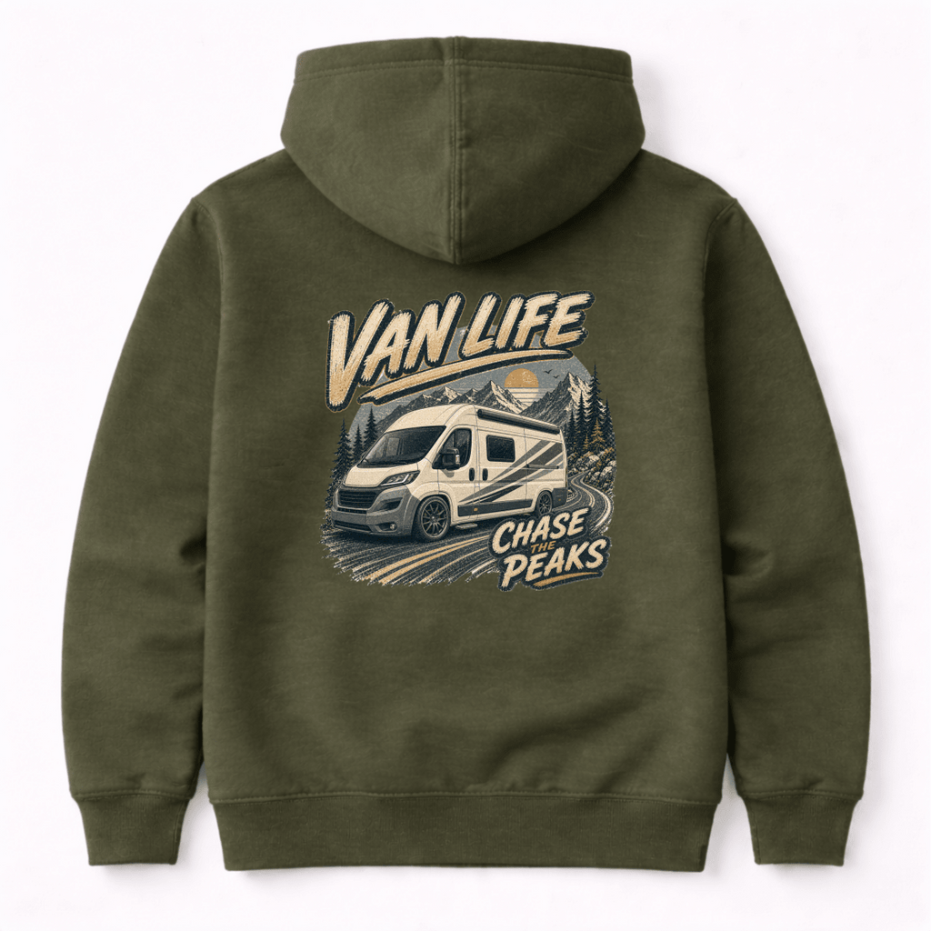 Green hoodie with 'Van Life' and 'Chase Peaks' graphic on the back