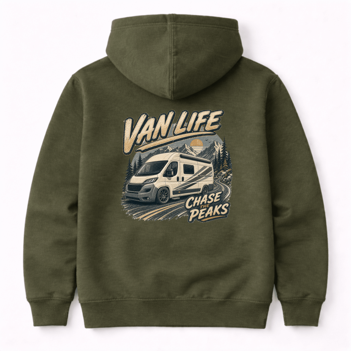 Green hoodie with 'Van Life' and 'Chase Peaks' graphic on the back