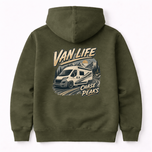 Green hoodie with 'Van Life' and 'Chase Peaks' graphic on the back