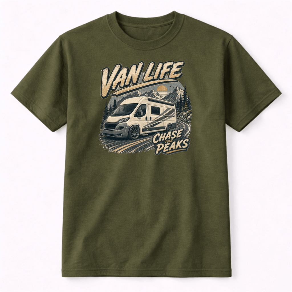 Green t-shirt with 'Van Life' and 'Chase the Peaks' graphic design on a white background