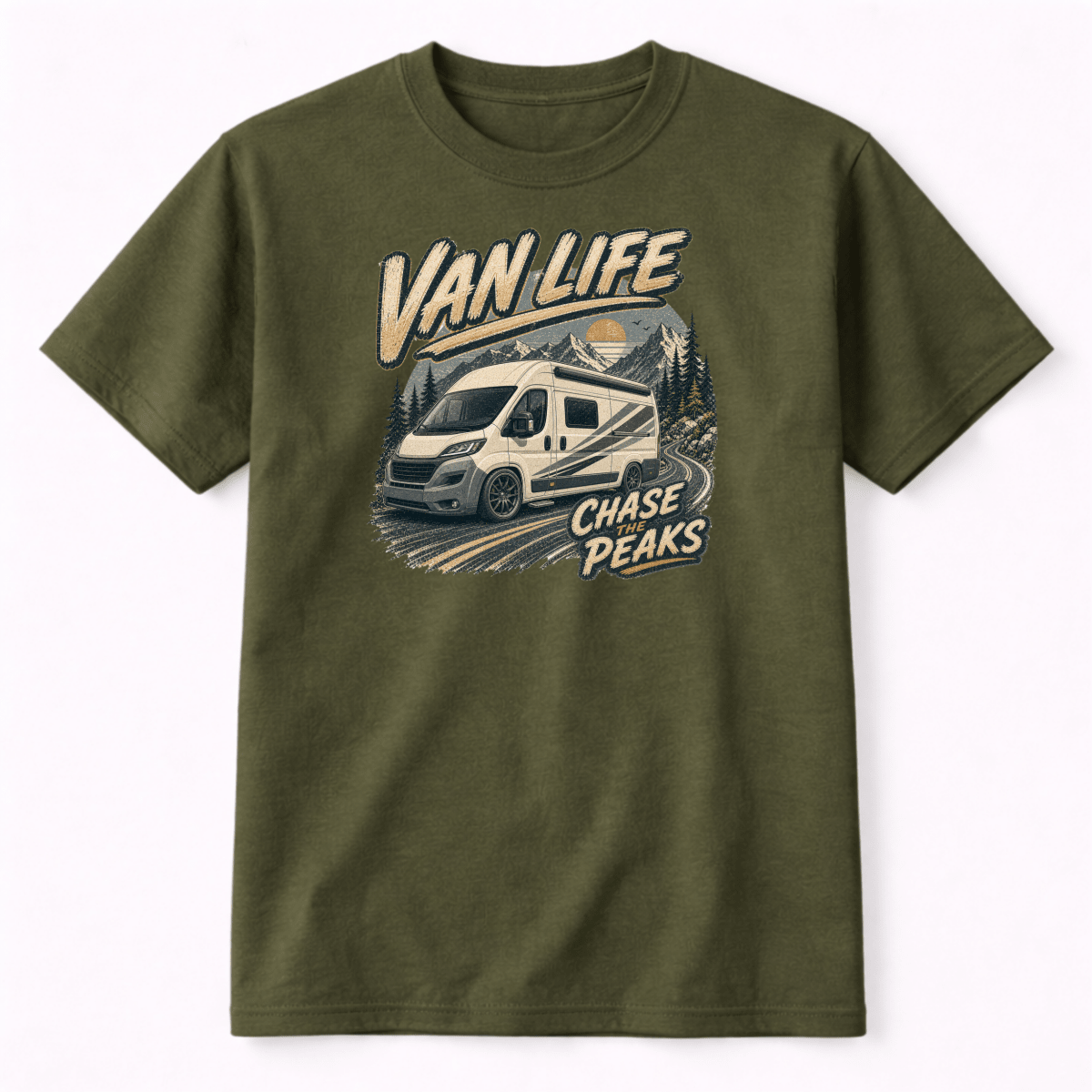Green t-shirt with 'Van Life' and 'Chase the Peaks' graphic design on a white background