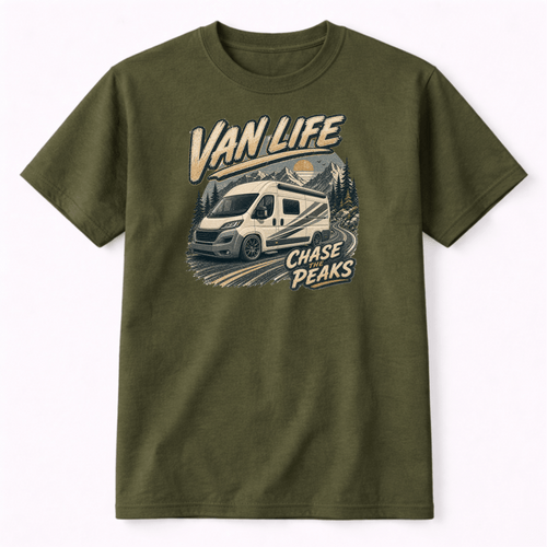 Green t-shirt with 'Van Life' and 'Chase the Peaks' graphic design on a white background