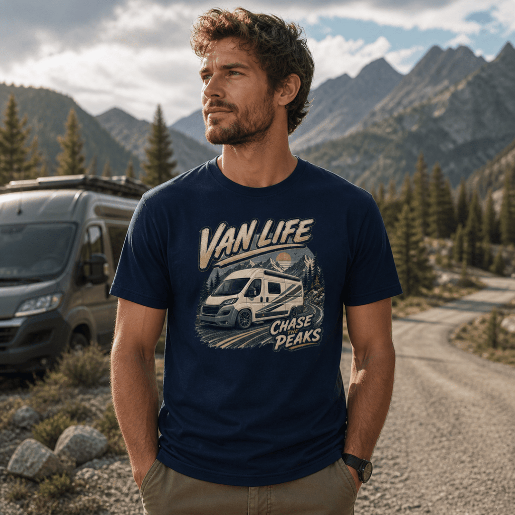 Man wearing a 'Van Life' t-shirt standing in front of a camper van with mountains in the background