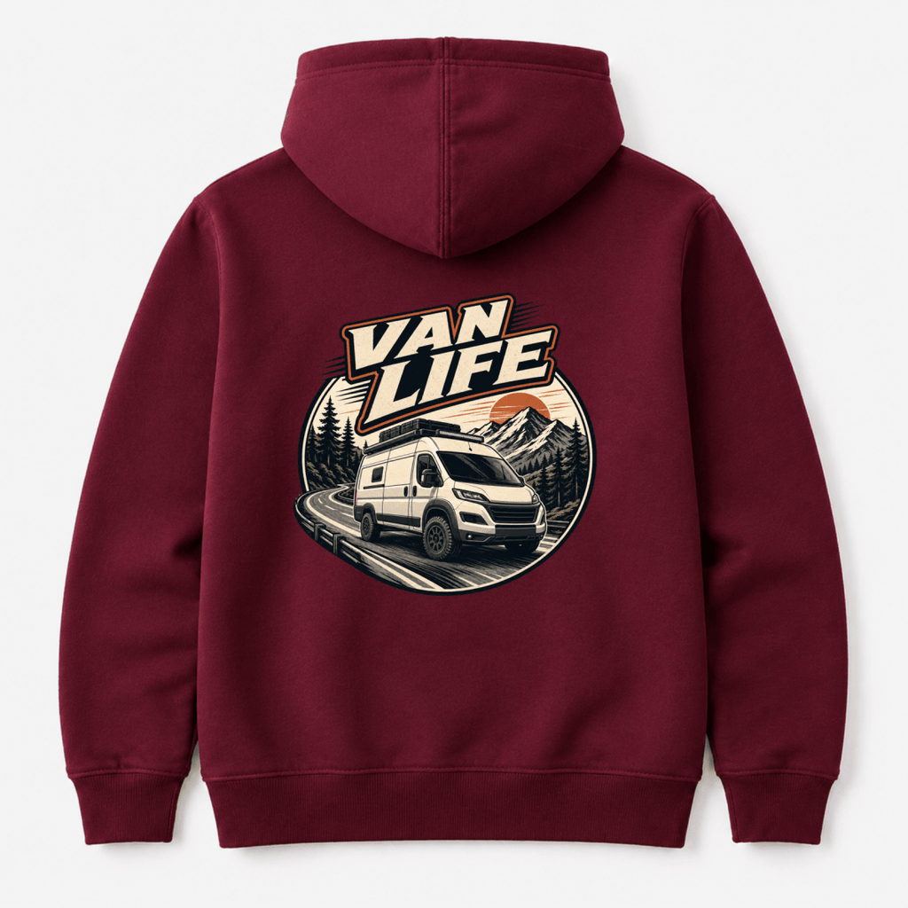 Camberline Van Life circle badge with high-roof van on mountain road at sunset, burgundy hoodie, back view