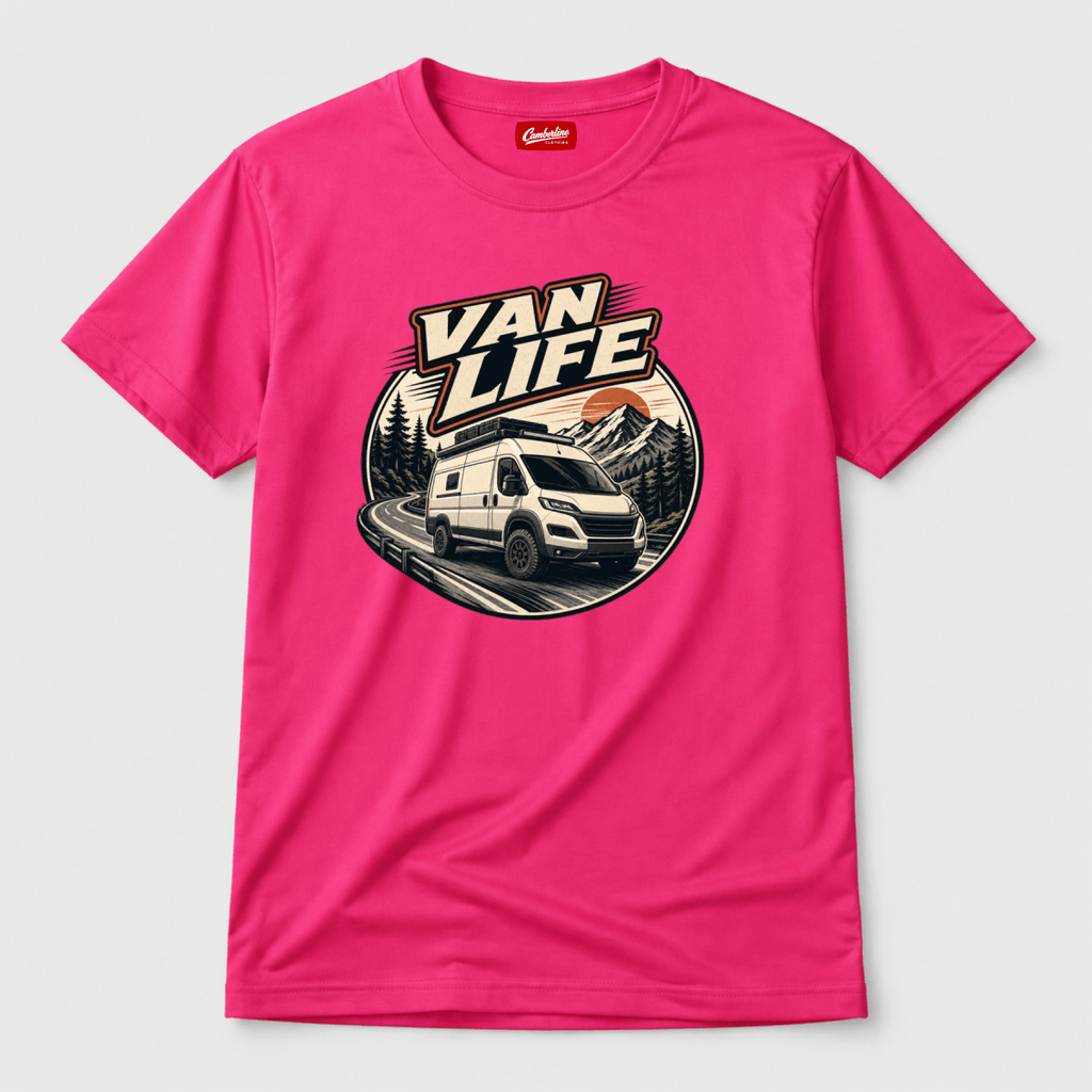 Camberline Van Life circle badge with high-roof 4x4 van on mountain road at sunset, pink t-shirt, front view