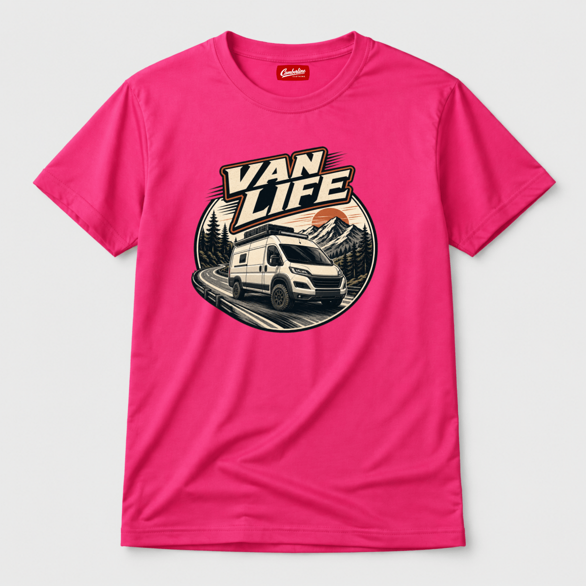 Camberline Van Life circle badge with high-roof 4x4 van on mountain road at sunset, pink t-shirt, front view