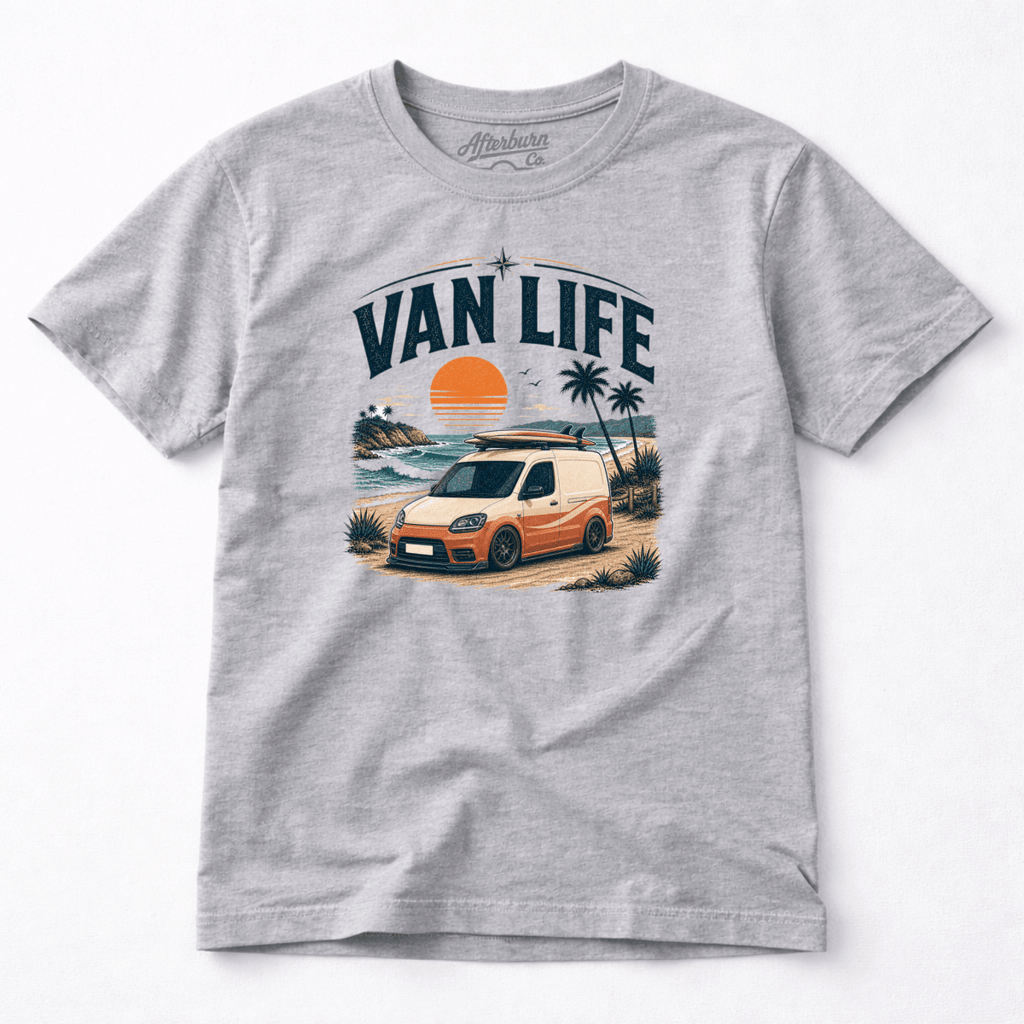Gray t-shirt with 'Van Life' graphic design featuring a van, palm trees, and sunset on a white background.