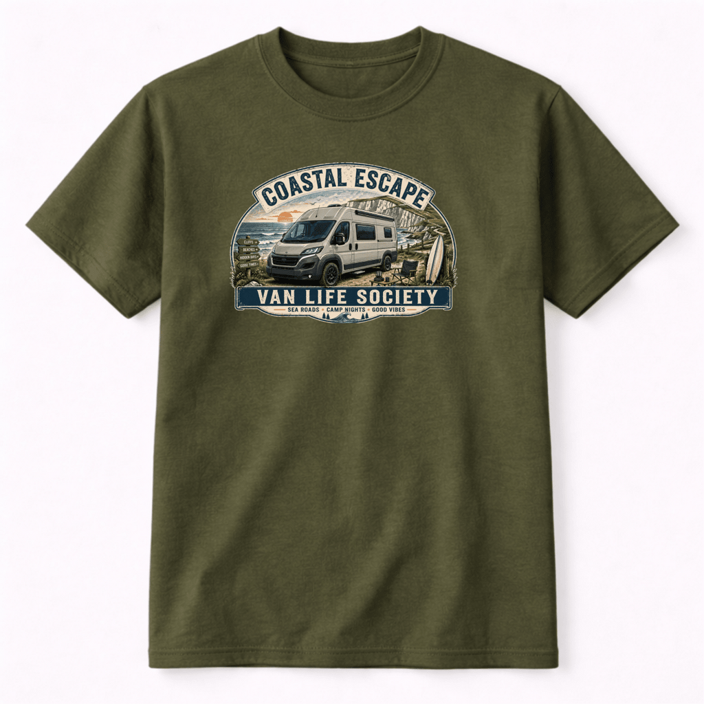 Green t-shirt with 'Coastal Escape Van Life Society' graphic on a white background