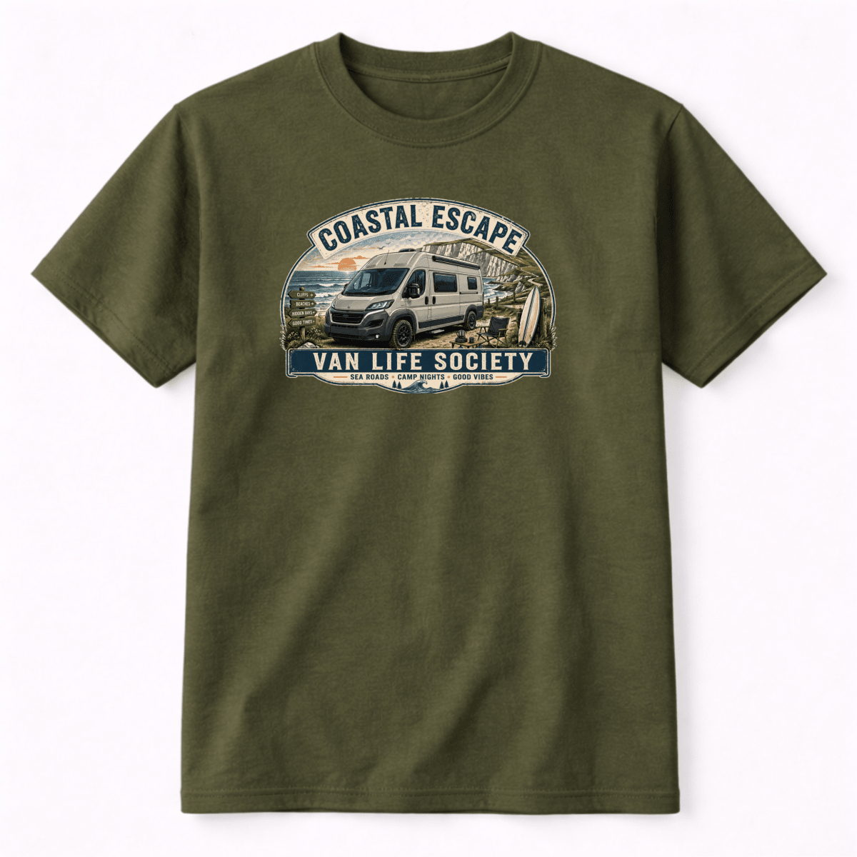 Green t-shirt with 'Coastal Escape Van Life Society' graphic on a white background