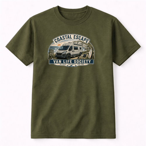 Green t-shirt with 'Coastal Escape Van Life Society' graphic on a white background