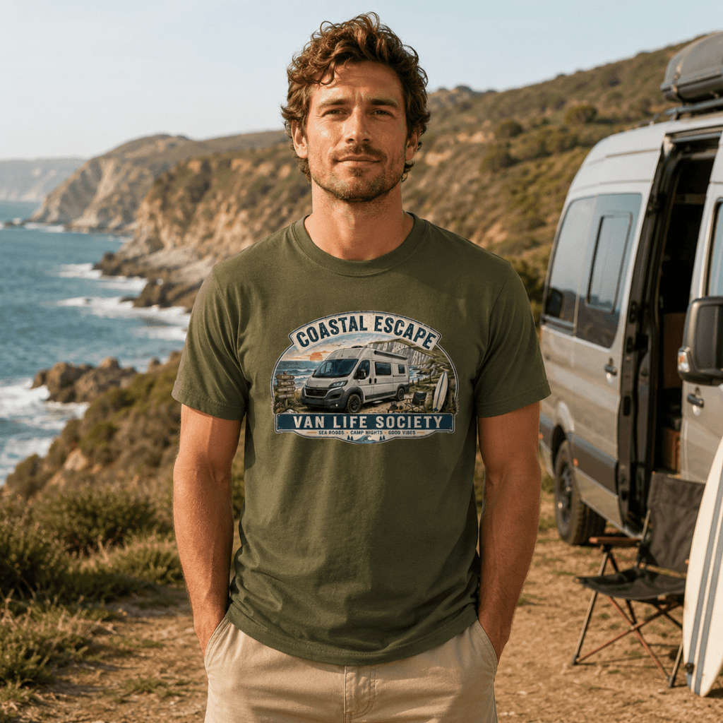 Man wearing a 'Coastal Escape Van Life Society' t-shirt standing near a van by the ocean.