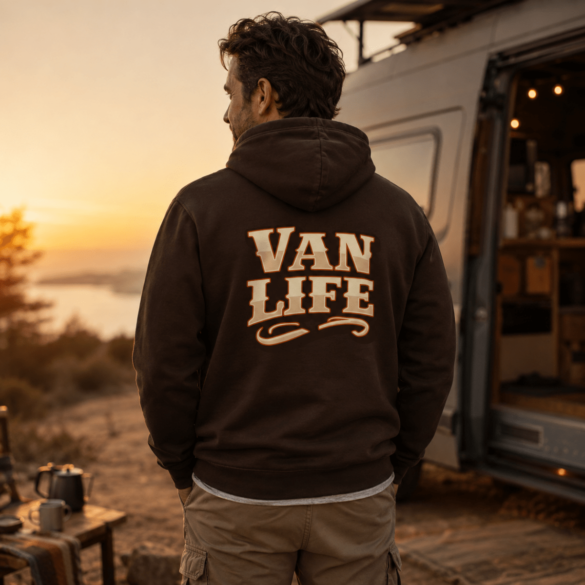 Person wearing a 'Van Life' hoodie standing in front of a van at sunset.