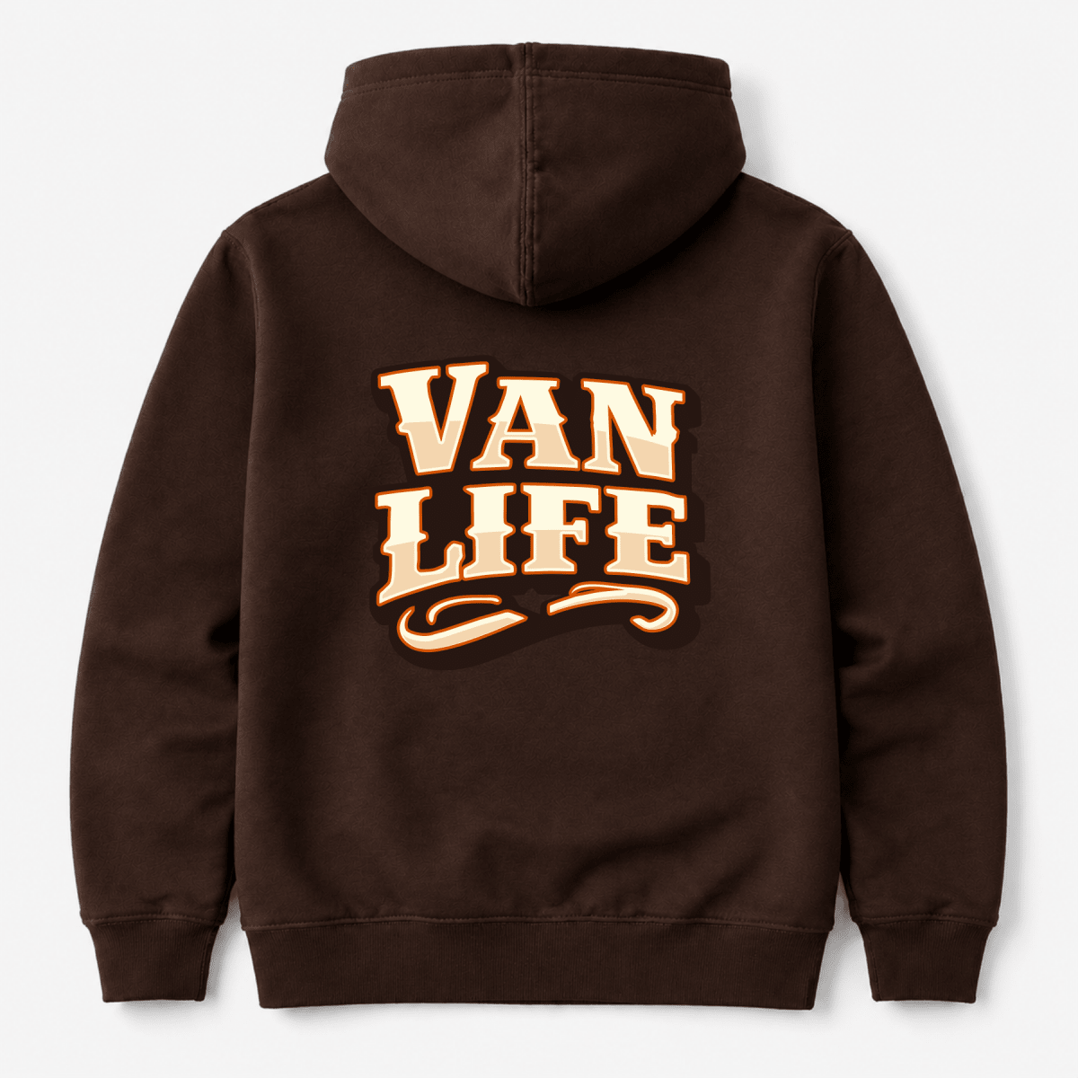 Camberline Van Life collegiate VAN LIFE wordmark in cream and orange, chocolate brown hoodie, back view