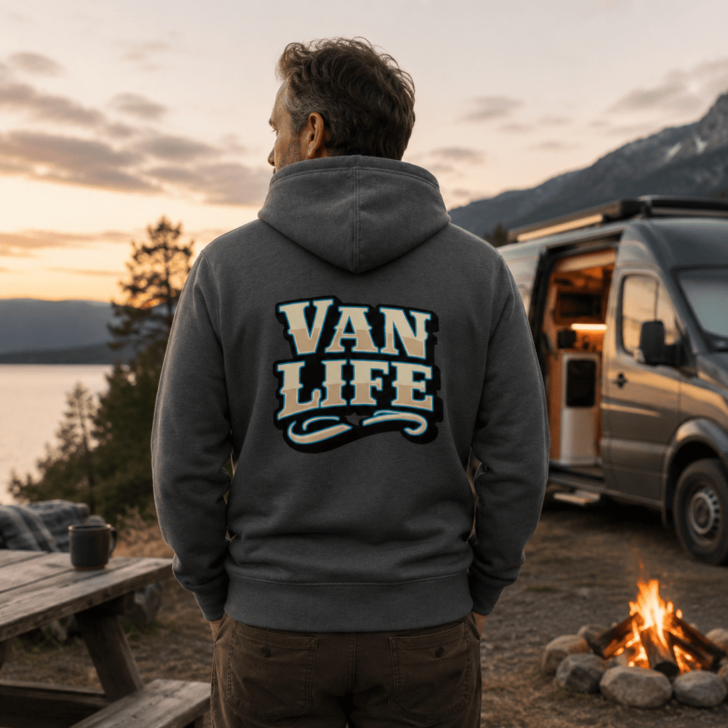 Model wearing Camberline dark heather van life hoodie showing Van Life western collegiate VAN LIFE wordmark in cream and sky blue on back