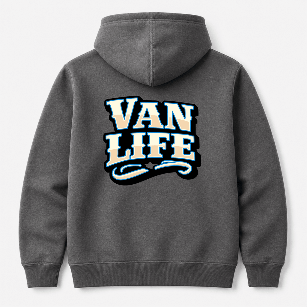 Camberline Van Life western collegiate VAN LIFE wordmark in cream and sky blue, dark heather hoodie, back view