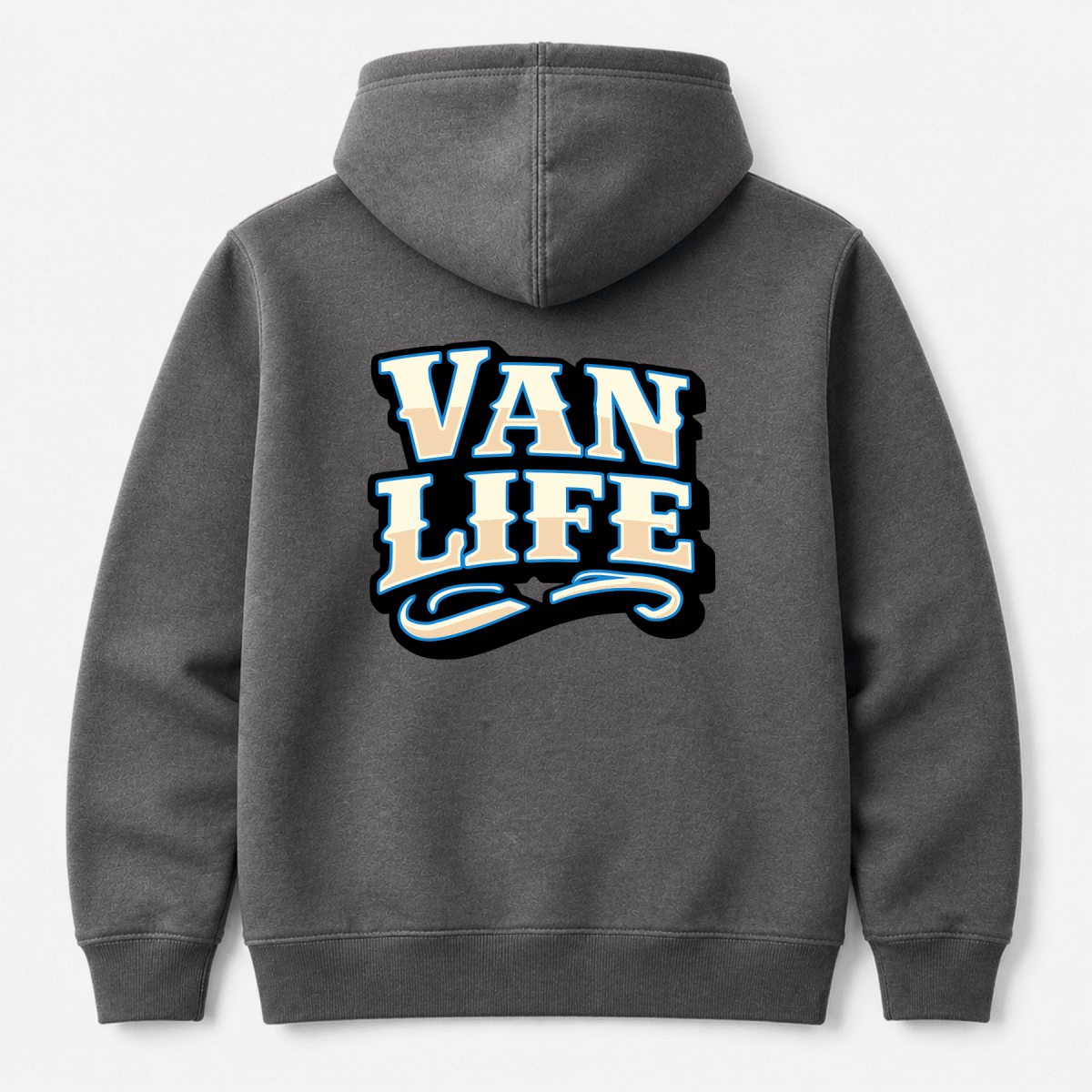 Camberline Van Life western collegiate VAN LIFE wordmark in cream and sky blue, dark heather hoodie, back view