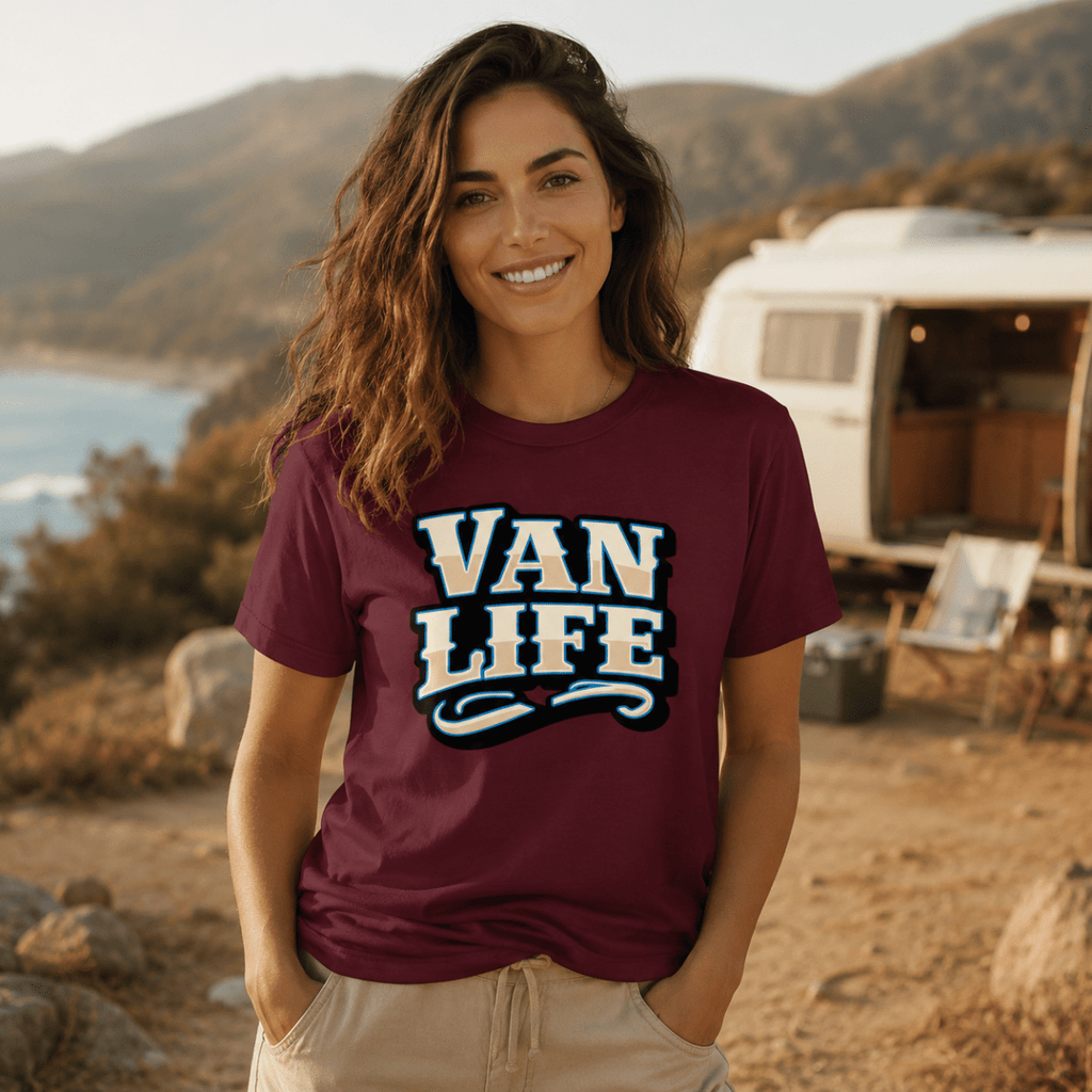 Model wearing Camberline burgundy van life t-shirt showing Van Life collegiate VAN LIFE wordmark in cream and sky blue on chest