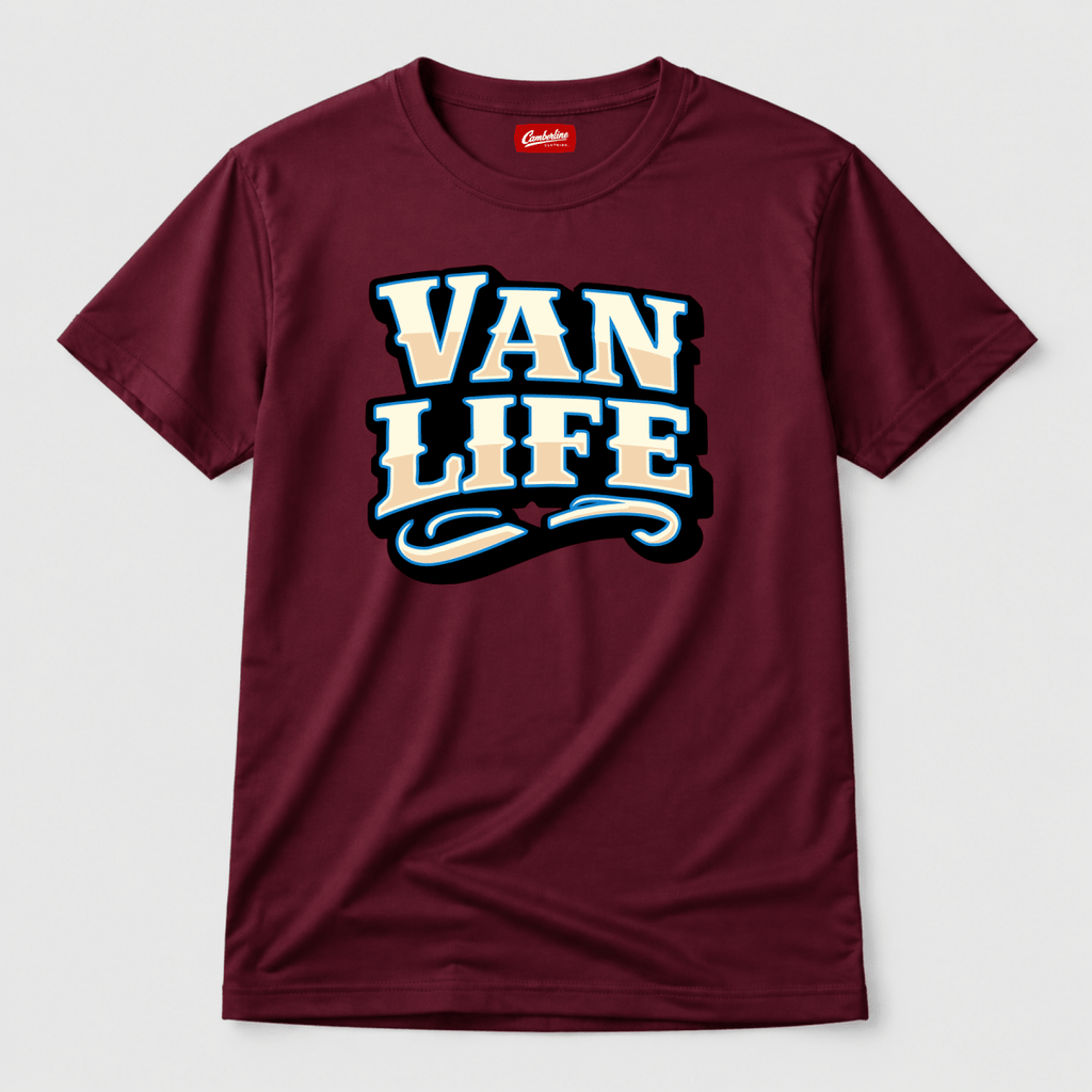 Camberline Van Life collegiate VAN LIFE wordmark in cream and sky blue, burgundy t-shirt, front view