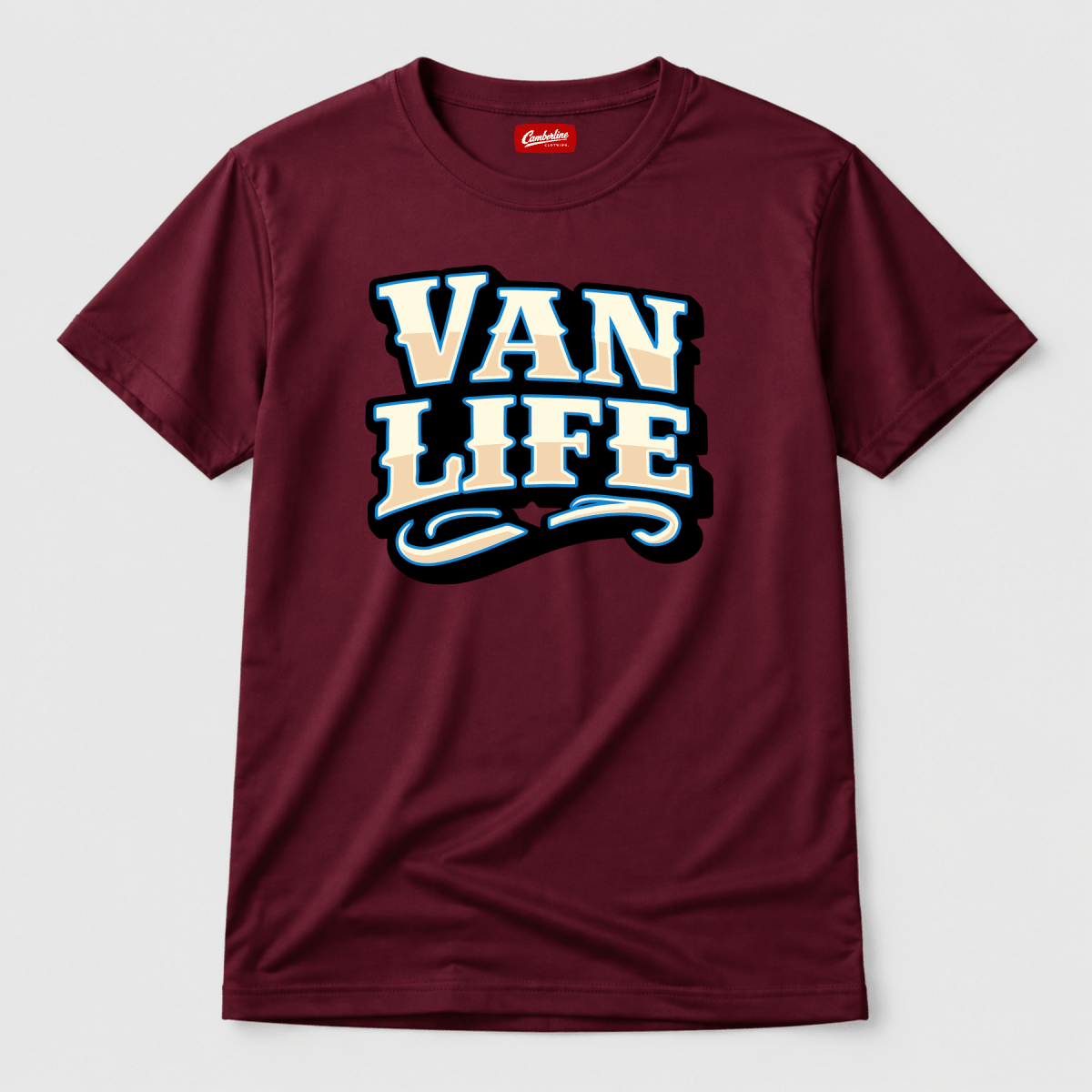 Camberline Van Life collegiate VAN LIFE wordmark in cream and sky blue, burgundy t-shirt, front view