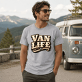 Model wearing Camberline grey marl van life t-shirt showing Van Life collegiate VAN LIFE wordmark in cream and brown on chest