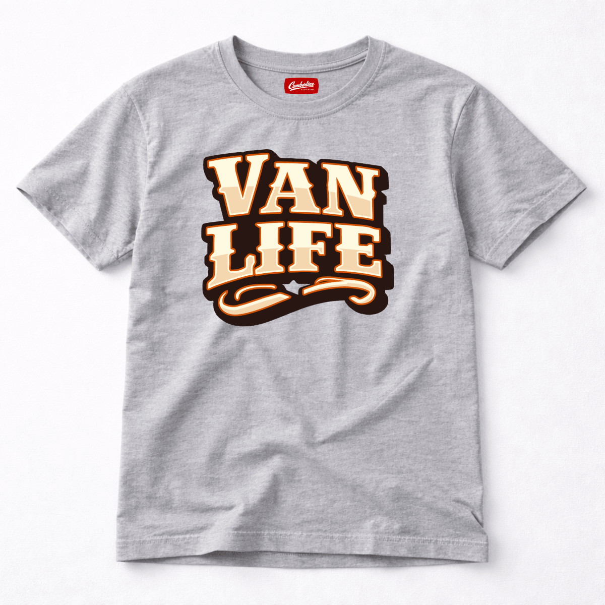 Camberline Van Life collegiate VAN LIFE wordmark in cream and brown, grey marl t-shirt, front view