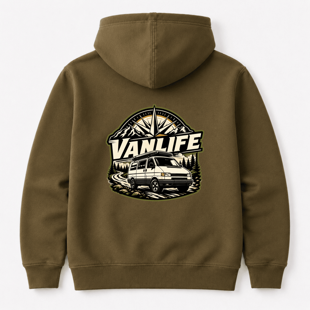 Camberline VanLife compass badge with retro van and mountain graphic, olive hoodie, back view