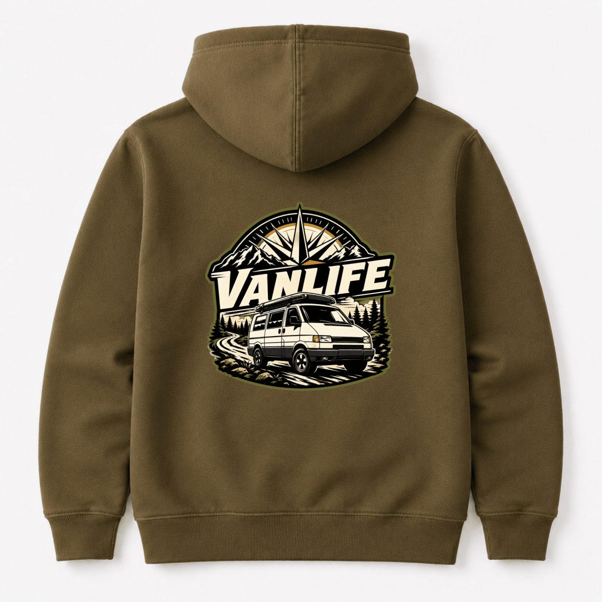Camberline VanLife compass badge with retro van and mountain graphic, olive hoodie, back view