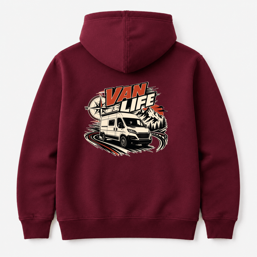 Camberline Van Life compass and modern high-roof van on mountain road graphic, burgundy hoodie, back view