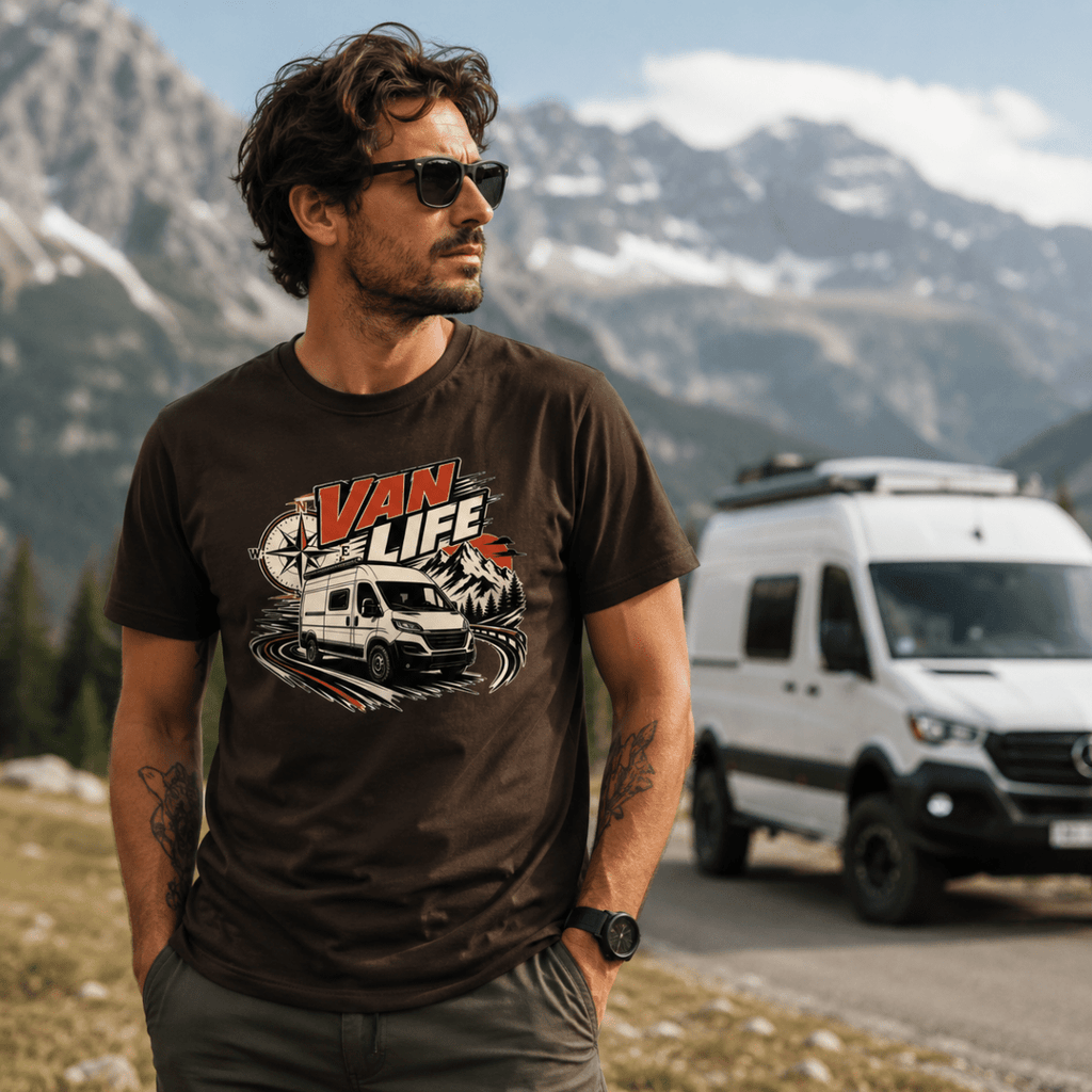 Model wearing Camberline chocolate brown van life t-shirt showing Van Life compass with high-roof modern van on mountain road on chest