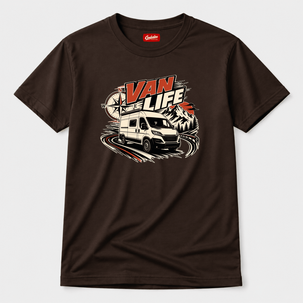 Camberline Van Life compass with high-roof modern van on mountain road, chocolate brown t-shirt, front view