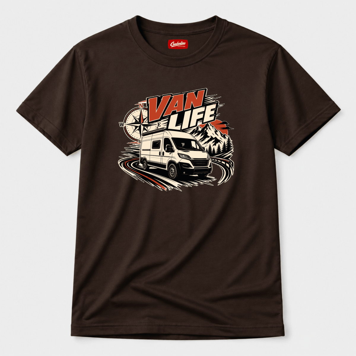 Camberline Van Life compass with high-roof modern van on mountain road, chocolate brown t-shirt, front view