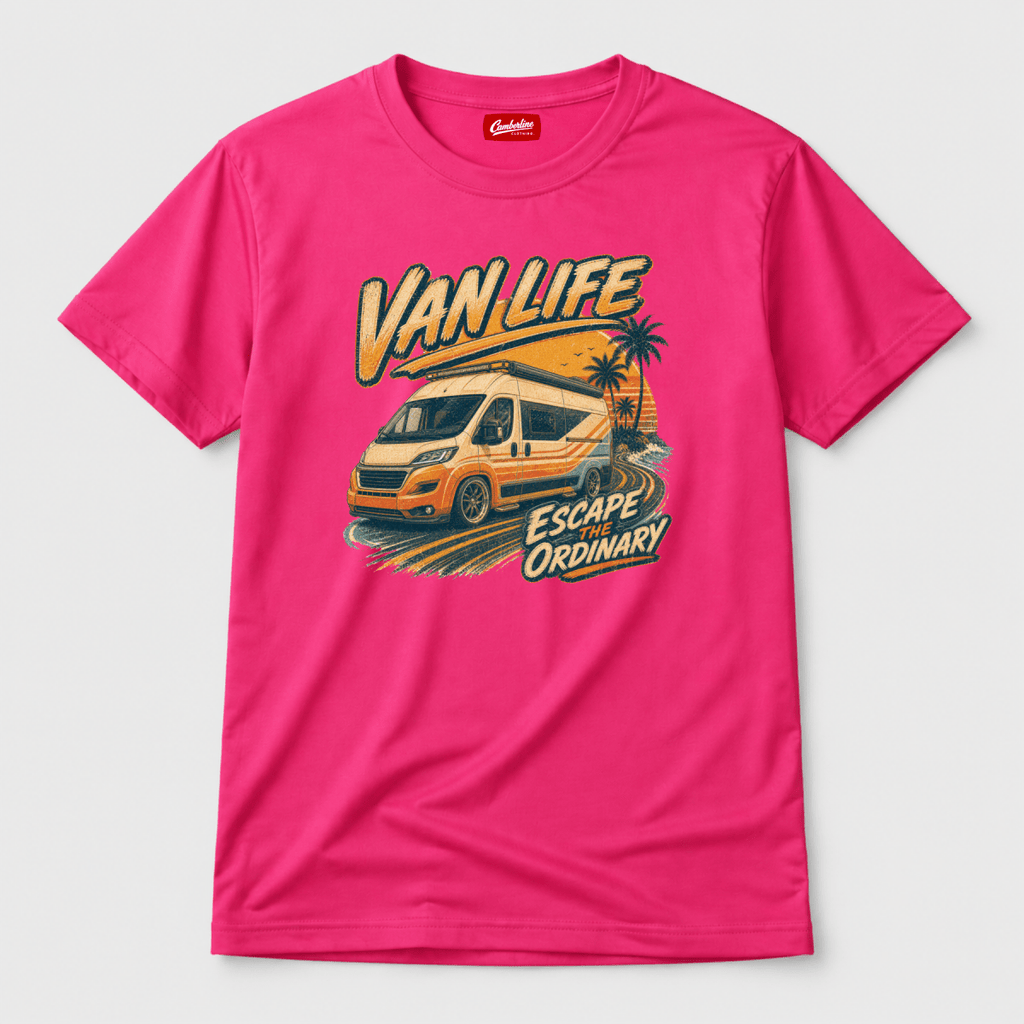 Pink t-shirt with 'Van Life' graphic design featuring a van and palm trees on a white background.