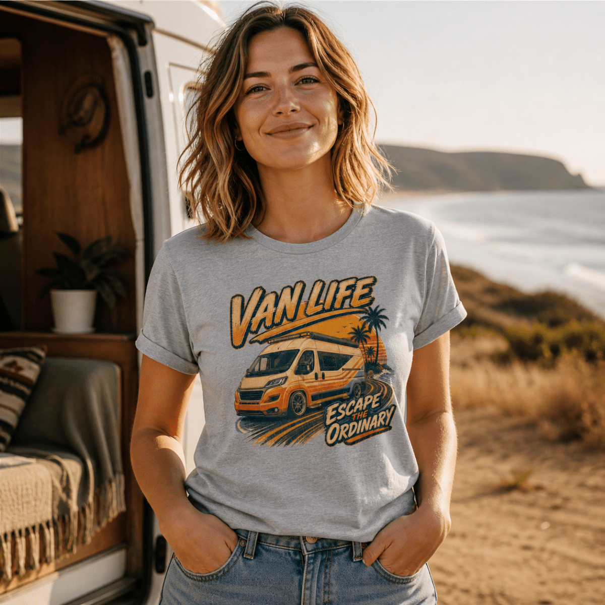 Woman wearing a 'Van Life Escape Ordinary' t-shirt by a van in a scenic outdoor setting.