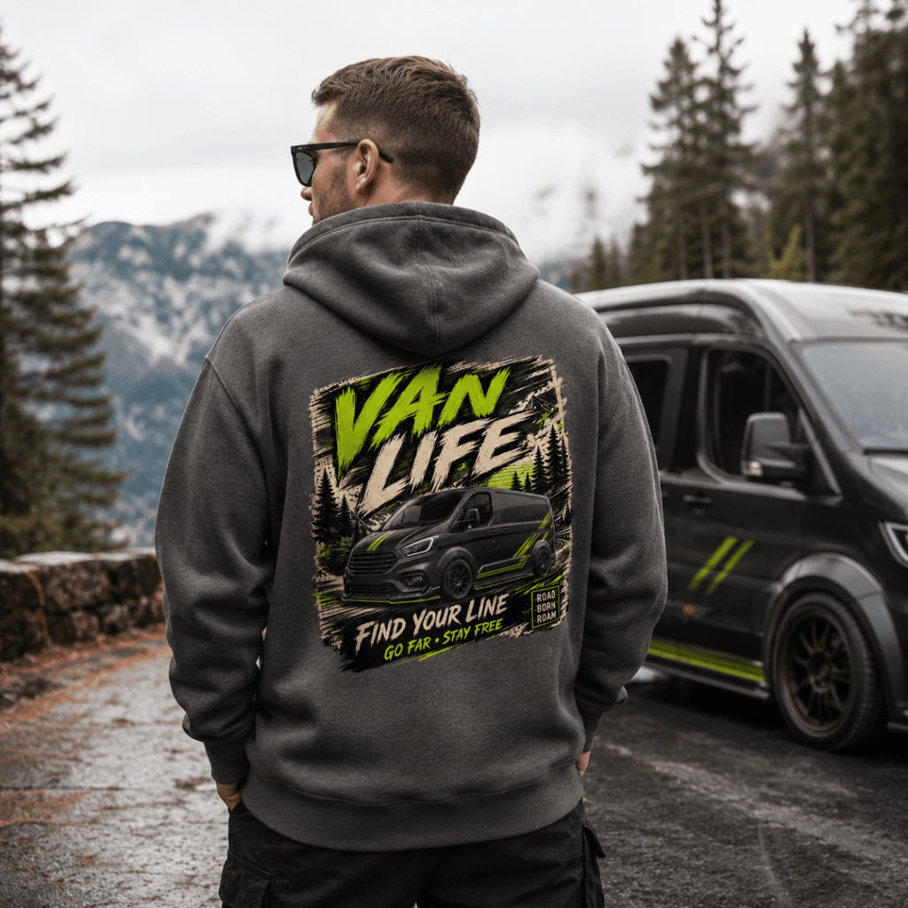 Model wearing Camberline dark heather van life hoodie showing Van Life Find Your Line black and lime green van and mountain graphic on back
